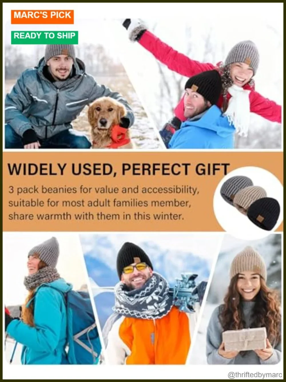 Winter Beanie Hats 3 Pack Fleece Lined Thermal Knit Skull Caps Unisex